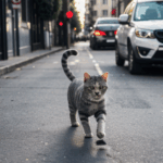 A cat ventures through a bustling urban environment, showcasing its adventurous spirit on the city streets.