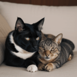 Cute animal bond between a cuddling dog and cat.
