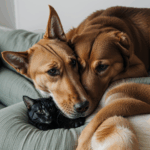 A playful dog and cat rolling around, capturing a moment of inter-species camaraderie.