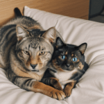 Cute animal pals, a dog and cat in a loving cuddle.