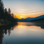 Dawn breaking over a scenic mountain and lake vista.
