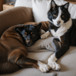 A dog and cat cuddling together in a cozy embrace, showcasing their affectionate bond.