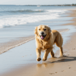 Golden retriever relishing a beach day escape, surrounded by sea and sun.
