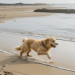 Energetic golden retriever frolicking on the beach, enjoying the sunny day.