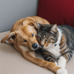 Dog and cat showing affection, cuddling closely.