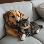 Dog and cat snuggle, sharing a tender moment.