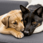 Dog and cat together in a charming cuddling pose.