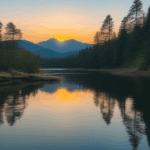 Early morning light kissing a calm mountain lake.