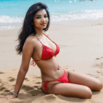 A stunning Indian model showcases her elegance in a fashionable bikini during a beach photoshoot.