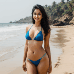 In a chic bikini, an Indian beauty poses elegantly on a sandy beach, exuding charm and sophistication.