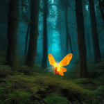 The moonlight casts a magical glow over a forest filled with fireflies.