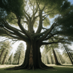 The enchanting scene of a giant tree in a mystical forest, surrounded by a lush green canopy.