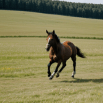 A horse experiencing freedom in the open meadow, with the wind blowing through its mane.