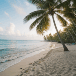 An exotic beach destination with palm trees and pristine waters.