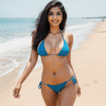 An Indian beauty in a bikini poses with poise on an exotic beach, capturing the essence of summer charm.