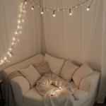 Soft fairy lights casting a gentle glow in a reading nook, setting a serene mood.