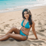 Beachside elegance is captured as an Indian beauty poses in a bikini, blending style and cultural allure.