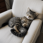A cozy scene with an adorable cat napping on a stylish armchair, perfect for a serene home vibe.