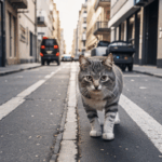 A feline takes a leisurely stroll along the street, embracing the vibrant energy of city life.