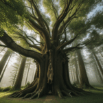 A thrilling adventure trail through a forest, dominated by the presence of a giant tree.