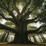 The intricate view of a forest canopy with a giant tree standing tall amidst the foliage.