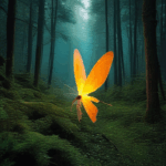 A night in the forest where the moon and fireflies create a luminous display.