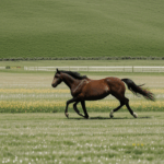 A free-running horse in a serene meadow, capturing the essence of untamed beauty.