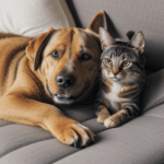 Friendly pets, a dog and cat cuddling close together.