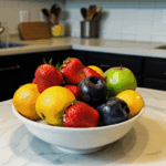 A bowl of fresh fruits, perfectly styled to add natural elegance to a kitchen counter.