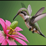 A hummingbird gracefully visits a flower in a garden, a peaceful sight.