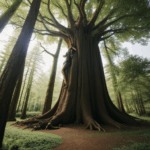 A majestic giant tree standing tall in an enchanted forest, surrounded by lush greenery.