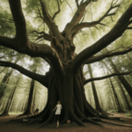 A giant tree stands majestically in an enchanted forest, surrounded by lush greenery.