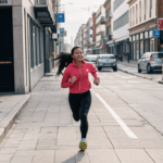 Girl in motion, gracefully running through city streets, reflecting active lifestyle goals.