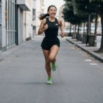 A young girl energetically running through bustling city streets, embracing urban life.
