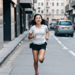 Girl confidently jogging through city streets, embracing the urban running culture.