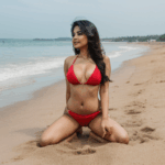 Chic and confident, an Indian model shines in a bikini on a sunny beach, blending fashion with relaxation.
