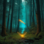Fireflies illuminate the moonlit forest, creating an ethereal atmosphere.