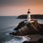 Golden hour paints a lighthouse and its rocky surroundings in warm, tranquil colors.