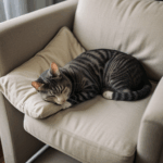 A soft-furred cat enjoying a tranquil nap on a cozy armchair, the picture of feline bliss.