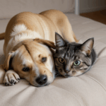 Happy pet friends, a dog and cat in a delightful cuddle.