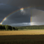 A serene countryside is beautifully framed by a vibrant rainbow, offering a picturesque view of nature's artistry.