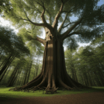 A hidden forest path leading to the majestic presence of a giant tree in an enchanted setting.