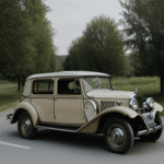 A historic car journeying along a rural route, highlighting the nostalgic appeal of classic cars on open roads.