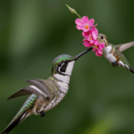 Hummingbird hovers mid-air as it drinks nectar from a bright flower, highlighting its agility.