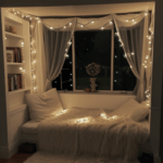 An inspiring reading space with fairy lights creating a serene environment.