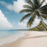 Island beach adventure with palm trees and crystal-clear waters.