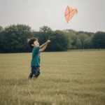 A lively depiction of a child and a kite, showcasing the innocent delight of outdoor play and exploration.