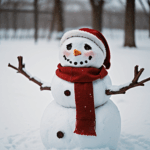 A joyful snowman with a red scarf brings a festive touch to the snowy landscape.