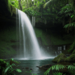 Adventure seekers explore a majestic waterfall nestled within a lush jungle landscape.