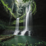 Mist rises from a waterfall in the heart of a lush jungle, creating a serene and mystical atmosphere.